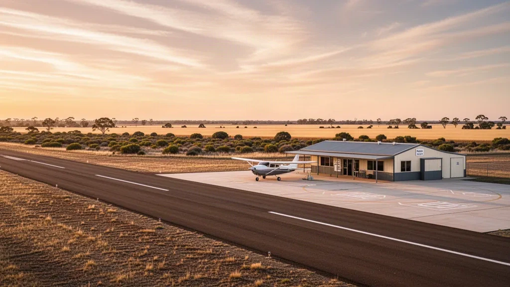 Veduta all'ora d'oro del piazzale di un piccolo aerodromo rurale, con aerei leggeri e cieli aperti sul paesaggio agricolo dell'aeroporto di Hopetoun nel Mallee del Victoria