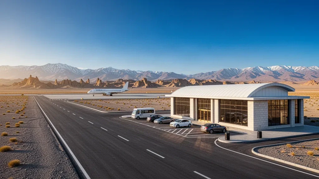 Terminal moderne de l'aéroport de Huatugou sur le plateau du Gobi à haute altitude du Qinghai, avec un avion de ligne stationné, des crêtes désertiques et des montagnes au loin.