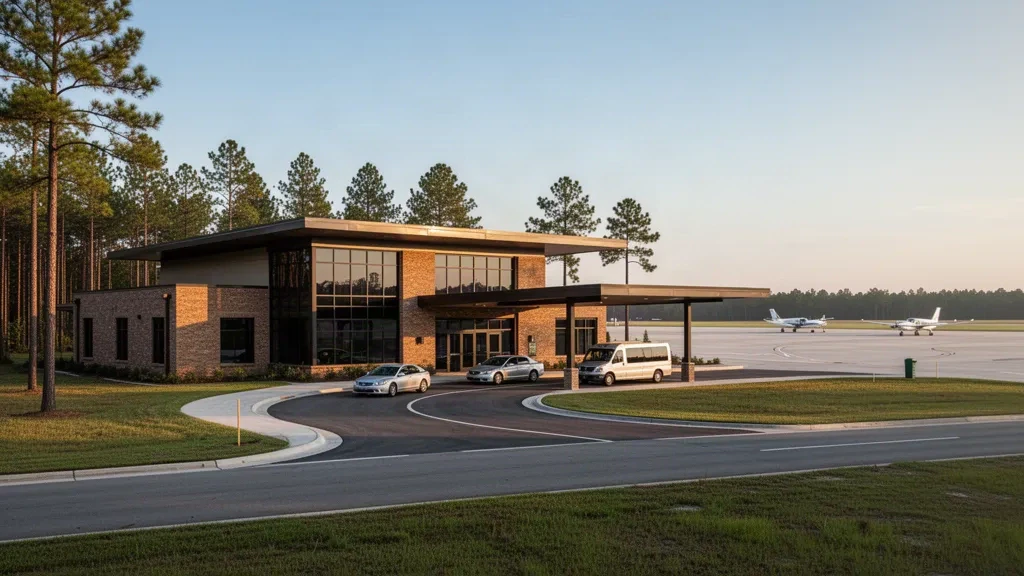 Terminal de ladrillo y cristal y carril cubierto de acceso en el Aeropuerto Regional de Huntsville en Texas, iluminados por el cálido sol del final de la tarde