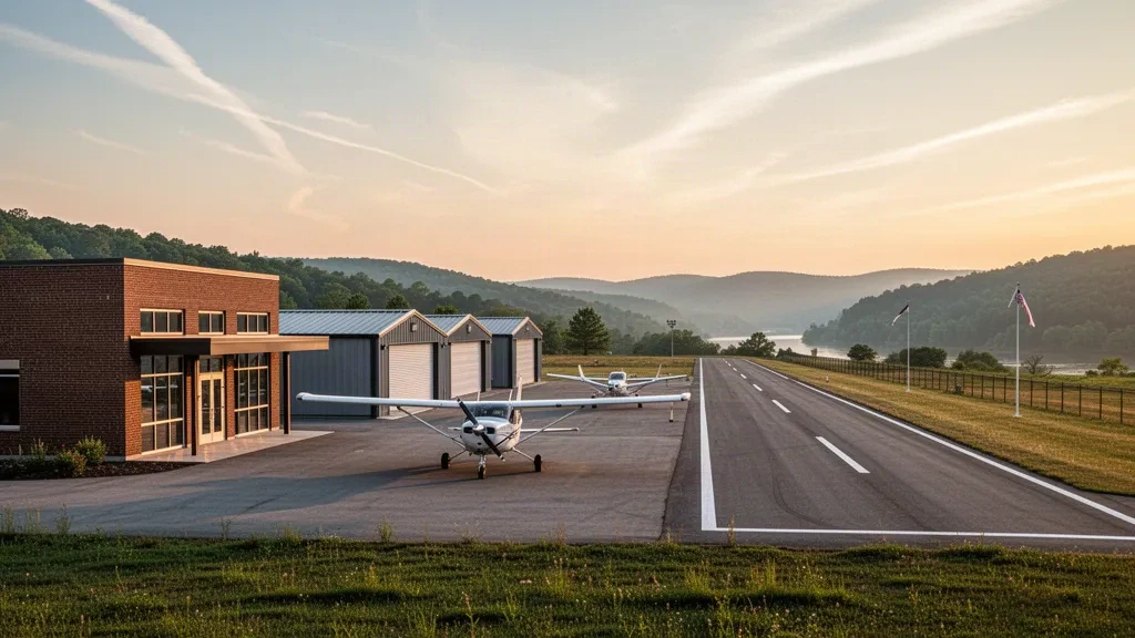 Single-engine aircraft on the apron at Lawrence County Airpark near Chesapeake, Ohio, with hangars and wooded hills at golden hour
