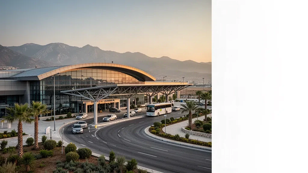 Exterior moderno de terminal de cristal y carril de descenso en el aeropuerto de Hatay, en Antakya, Turquía, bañado por la cálida luz de la hora dorada