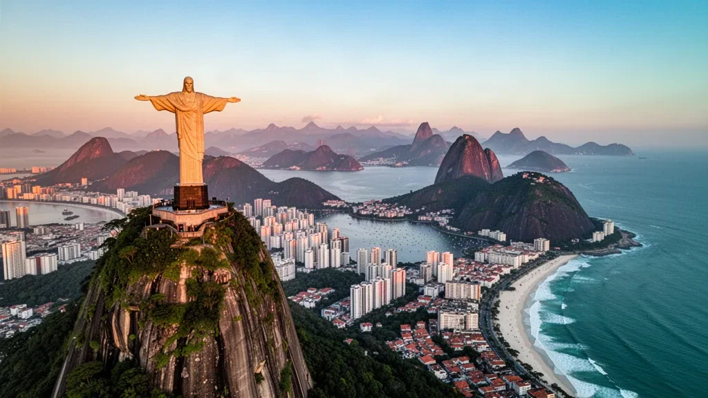 Panorama de Rio de Janeiro à l'heure dorée avec le Christ Rédempteur sur le Corcovado surplombant la baie de Guanabara et le Pain de Sucre
