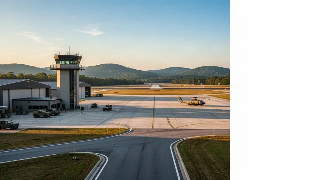 Wide view of Redstone Army Air Field near Huntsville, Alabama, showing its runway, control tower and military hangars at golden hour.