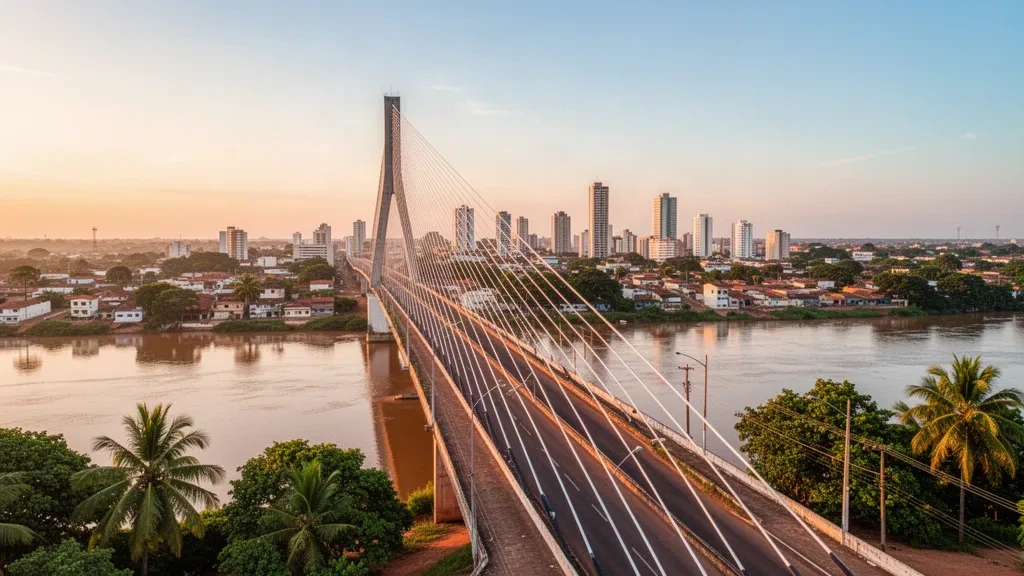 Vue à l'heure dorée du Ponte Estaiada sur la rivière Poti, avec la silhouette de Teresina et la verdure riveraine dans le Piauí, au Brésil.