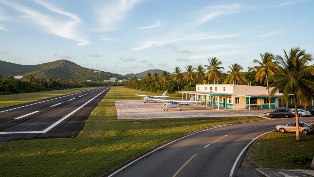 Light aircraft on the sunlit apron beside the small terminal and palm-lined runway of Dr. Hermenegildo Ortiz Quiñones Airport in Humacao, Puerto Rico