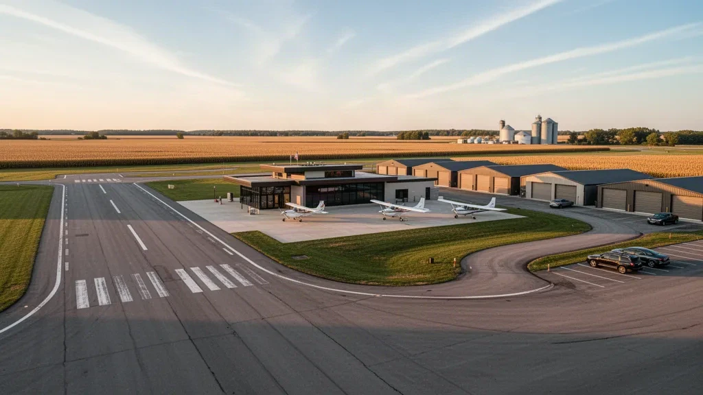 Pequeños hangares de aviación general, plataforma y pista en el Aeropuerto Municipal de Humboldt, Iowa, bajo amplios cielos de pradera en la hora dorada.