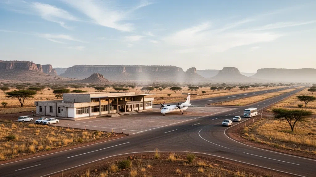 Etiyopya'nın Tigray bölgesindeki Humera Havalimanı'nda tek katlı terminal, apronsuz park alanı ve pist, sıcak altın saat savana ışığı altında