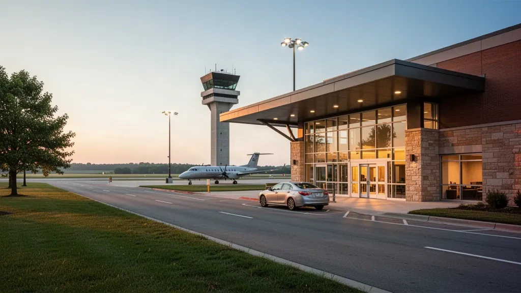 Terre Haute Regional Airport'ta modern cam terminal ve yol kenarı bırakma kanopisi, sıcak Indiana akşam ışığında kontrol kulesi