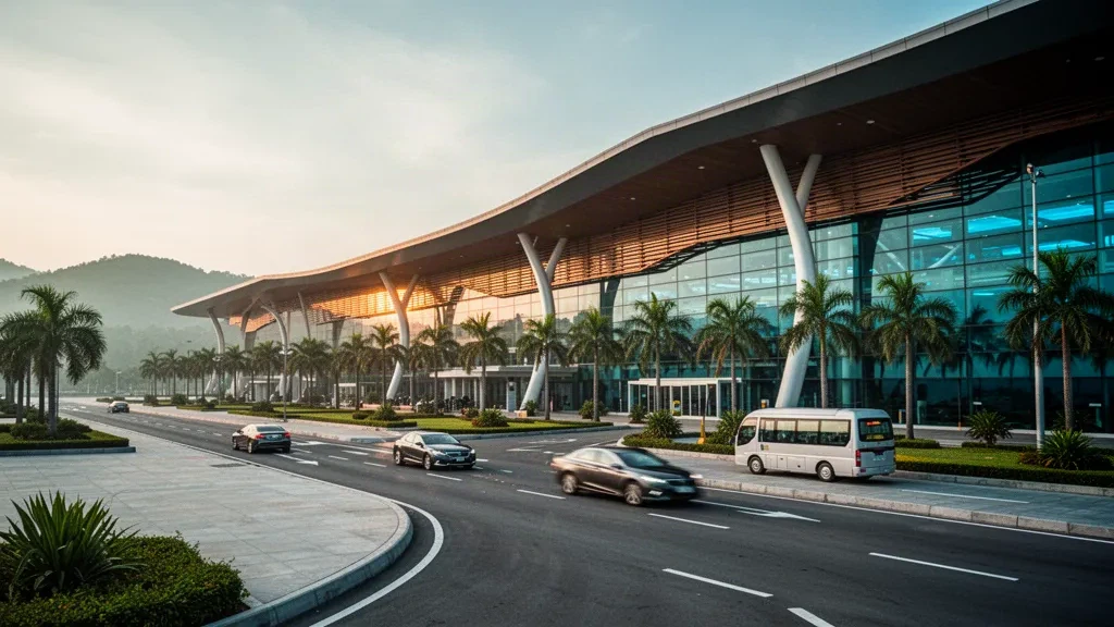 Exterior moderno con terminal de vidrio en el Aeropuerto Internacional de Phu Bai en Hue, Vietnam, con carriles de descenso bordeados de palmeras a la hora dorada
