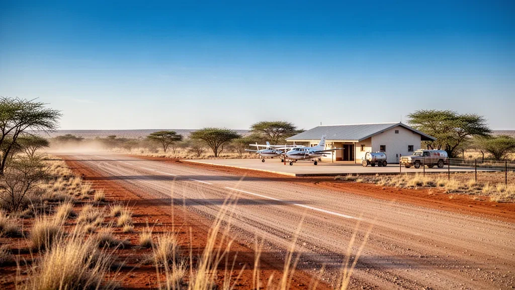 Light aircraft parked beside a modest terminal on the sandy gravel airstrip at Hukuntsi Airport in Botswana's dry Kalahari