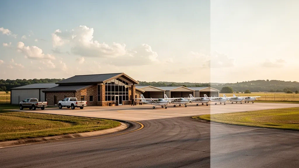 Veduta dell'ora d'oro del piazzale di aviazione generale, degli hangar e del terminal dell'Aeroporto Stan Stamper Municipal a Hugo, Oklahoma