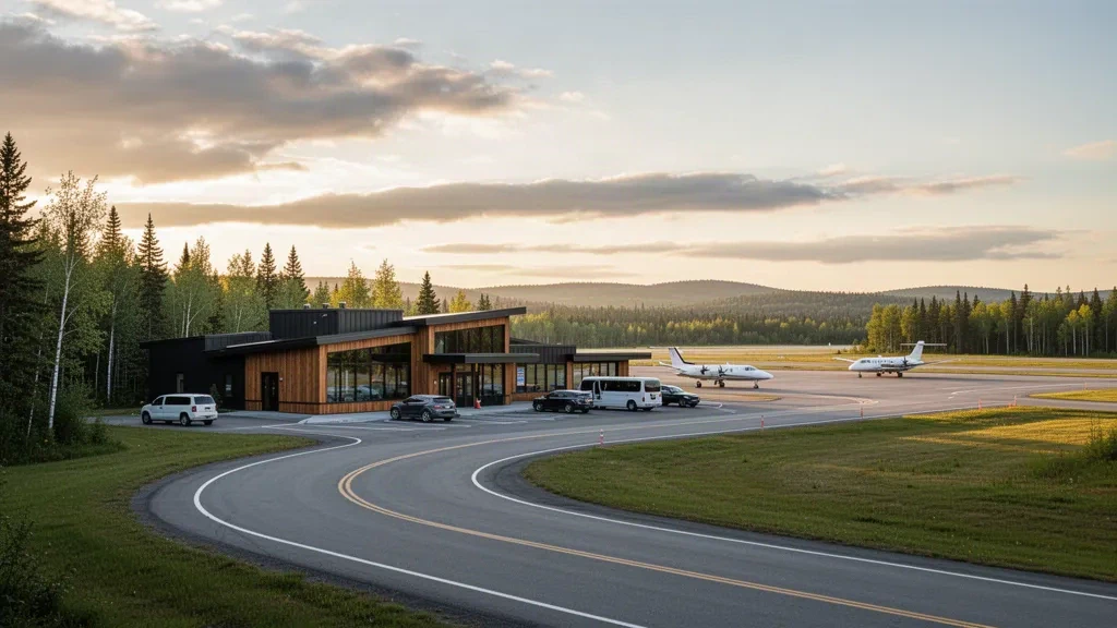 Kleines modernes Terminal und Vorfahrtspur am Houlton International Airport im Norden von Maine zur goldenen Stunde