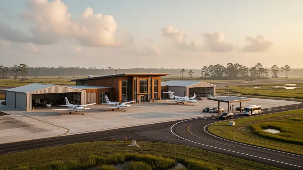 Terminal moderne de faible hauteur, hangars et petits avions sur le tarmac de l'aéroport de Houma-Terrebonne en Louisiane à l'heure dorée