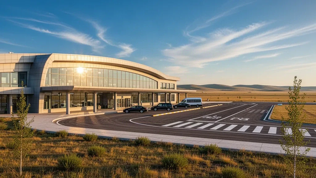 Moderna terminal de cristal en el Aeropuerto Holingol Huolinhe, en Mongolia Interior, frente a la estepa abierta bajo un cielo azul despejado.