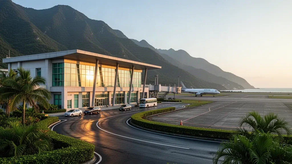 Terminal moderno con vetrate e corsie di sosta all'Aeroporto di Hualien Chiashan a Taiwan, con montagne costiere verdi sullo sfondo durante l'ora d'oro