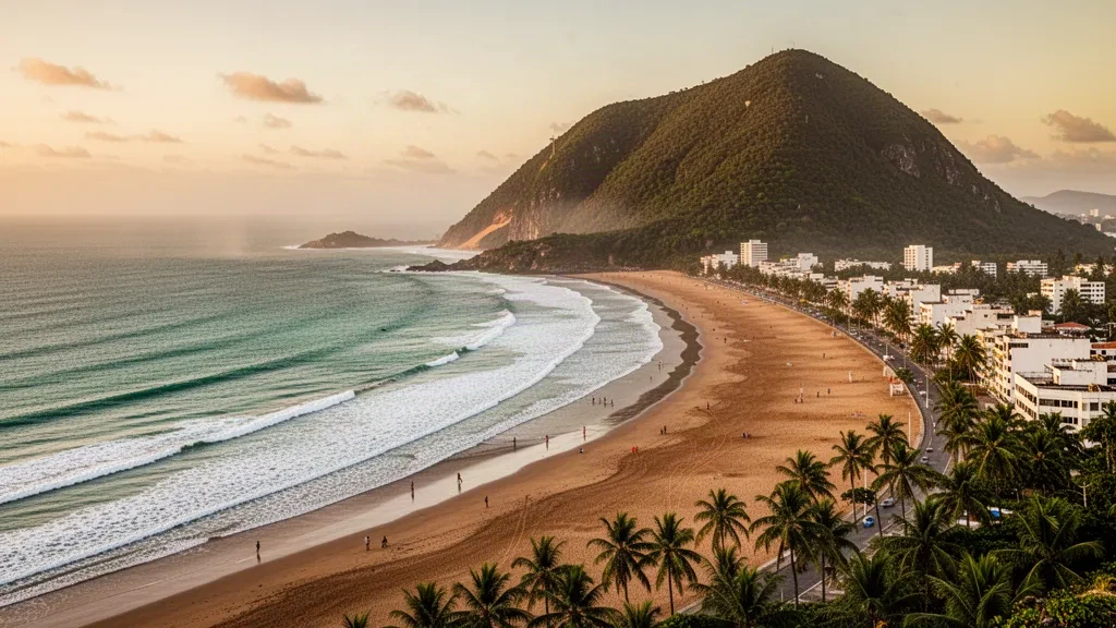 Plage de Ponta Negra et dune Morro do Careca à Natal, Rio Grande do Norte, Brésil, baignées d'une lumière chaude de fin d'après-midi