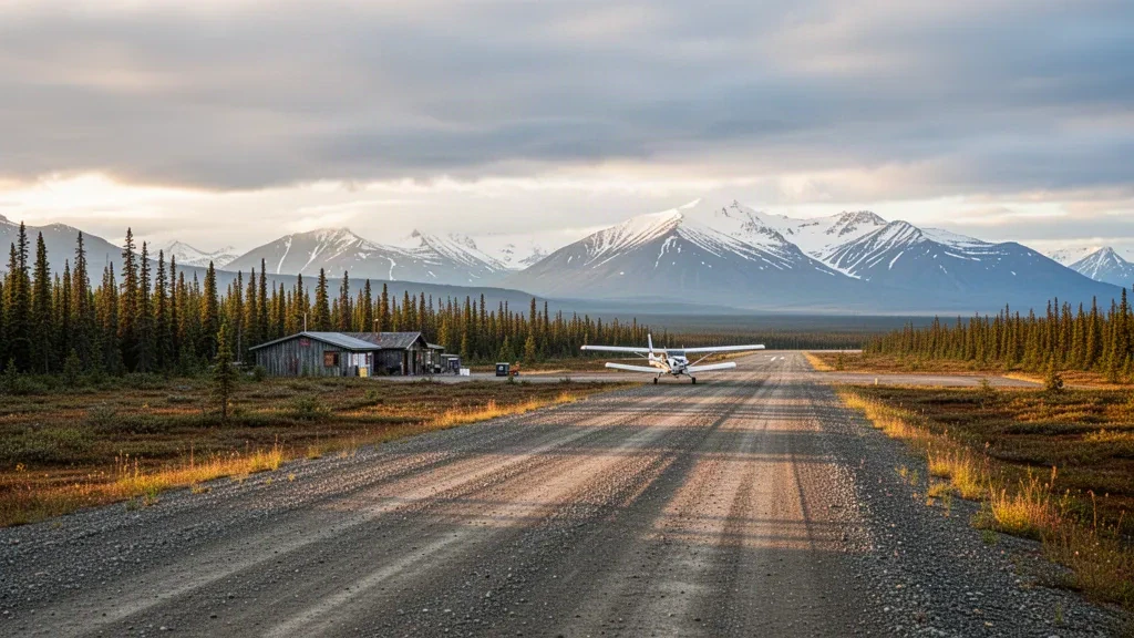 Una pista de grava y una pequeña avioneta bush en el aeropuerto de Hughes, en la remota Alaska, rodeados de bosque de abetos y montañas lejanas durante la hora dorada.