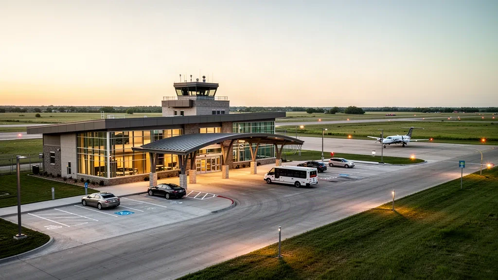 Terminal moderne en verre et voie de dépose à l'aéroport municipal de Hutchinson, au Kansas, avec horizon de prairie et lumière dorée