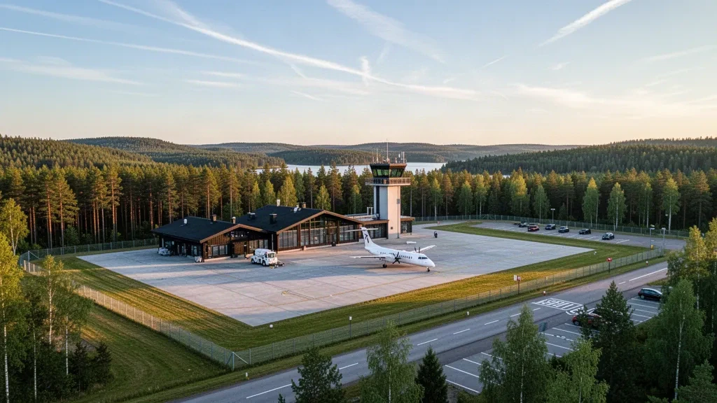 Terminal regionale, torre di controllo e piazzale circondato dalla foresta all'aeroporto di Hudiksvall in Svezia durante l'ora d'oro