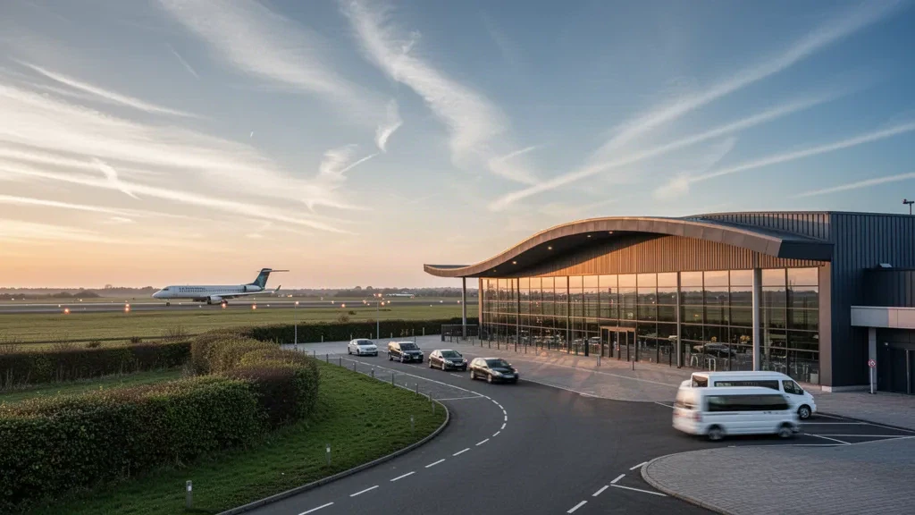 Terminal moderne à façade vitrée et parvis de l'aéroport de Humberside près de Kirmington, dans le North Lincolnshire, sous un ciel chaud à l'heure dorée