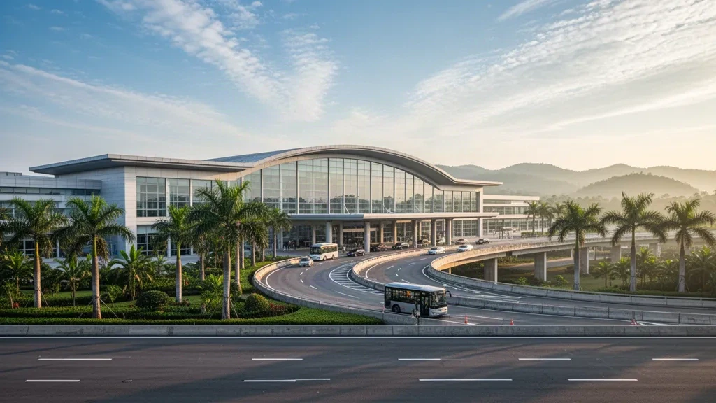 Terminal moderno in vetro e corsie curve per la salita e discesa all'Aeroporto di Huizhou Pingtan, nel sud della Cina, sotto una morbida luce mattutina