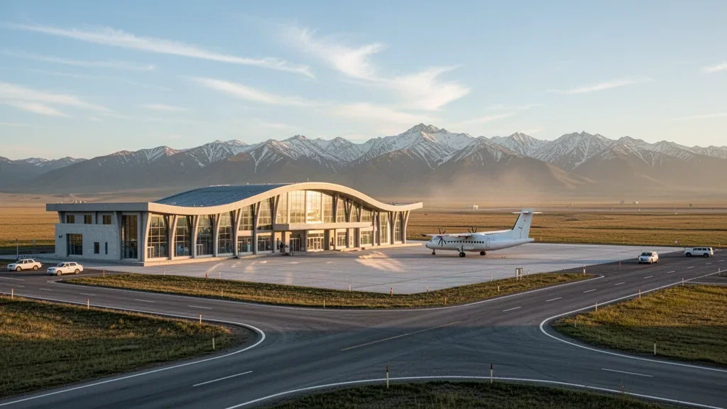 Modernes niedriges Terminal am Flughafen Khovd in der Mongolei mit Steppenebenen und fernen Altai-Bergen im Licht der goldenen Stunde