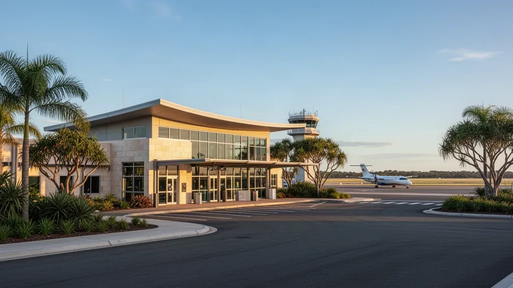 Terminal dell'aeroporto di Hervey Bay e piazzale di sosta in Queensland durante l'ora d'oro, con paesaggio tropicale sullo sfondo