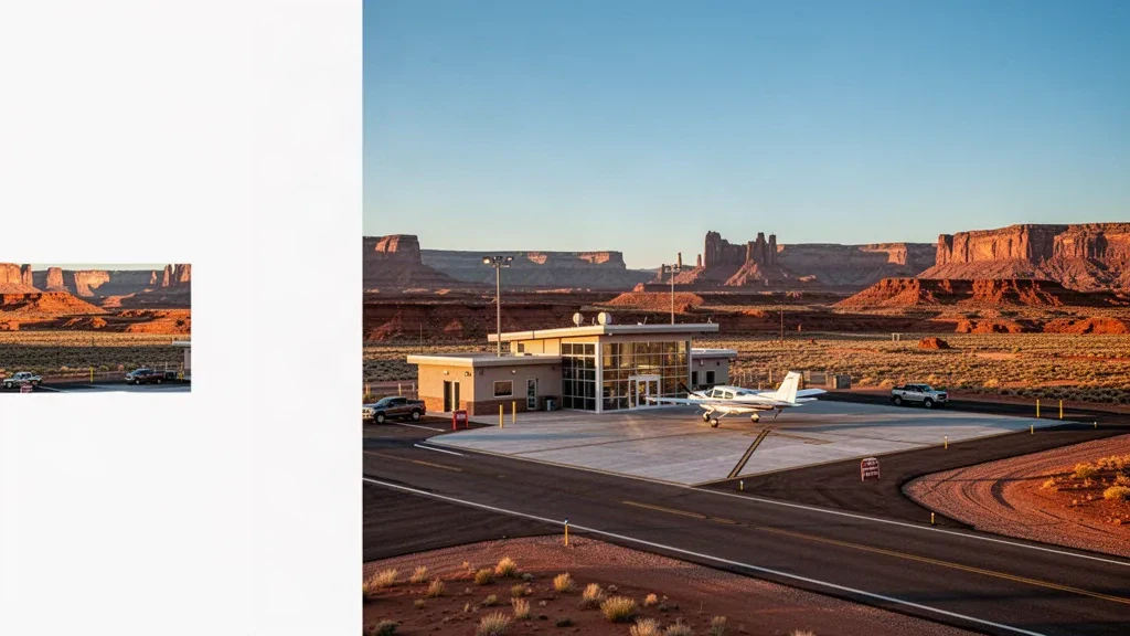 Hanksville Airport terminal and runway in Utah desert at golden hour, with a small aircraft and red rock landscape.