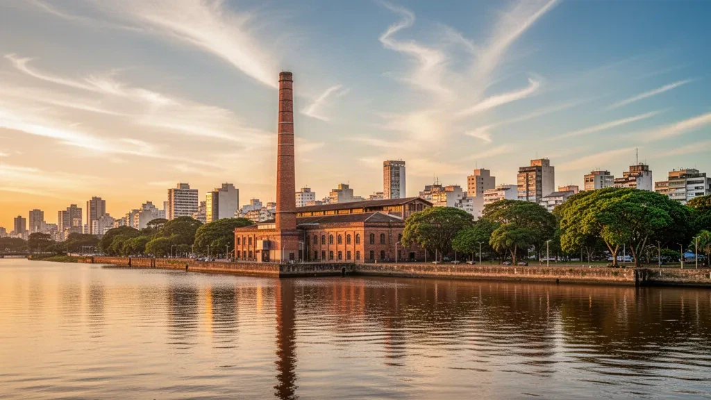 Vue à l'heure dorée sur les gratte-ciel de Porto Alegre et l'Usina do Gasômetro le long du rio Guaíba au Rio Grande do Sul, au Brésil.