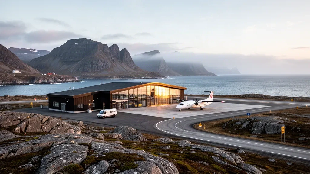 Magerøya adasındaki Honningsvåg Havalimanı, Valan'da kompakt bir Arktik terminal ve apron; pistin arkasında çıplak dağlar ve soğuk fiyort ışığı.
