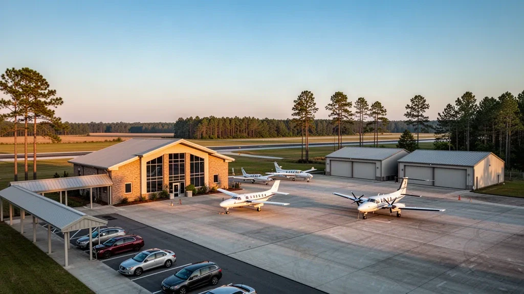 Small general aviation terminal, hangars and parked light aircraft on the ramp at Hartsville Regional Airport in South Carolina