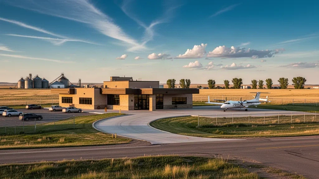 Petit terminal d'aéroport régional dans les plaines du nord du Montana près de Havre avec un turbopropulseur stationné sous un ciel dégagé