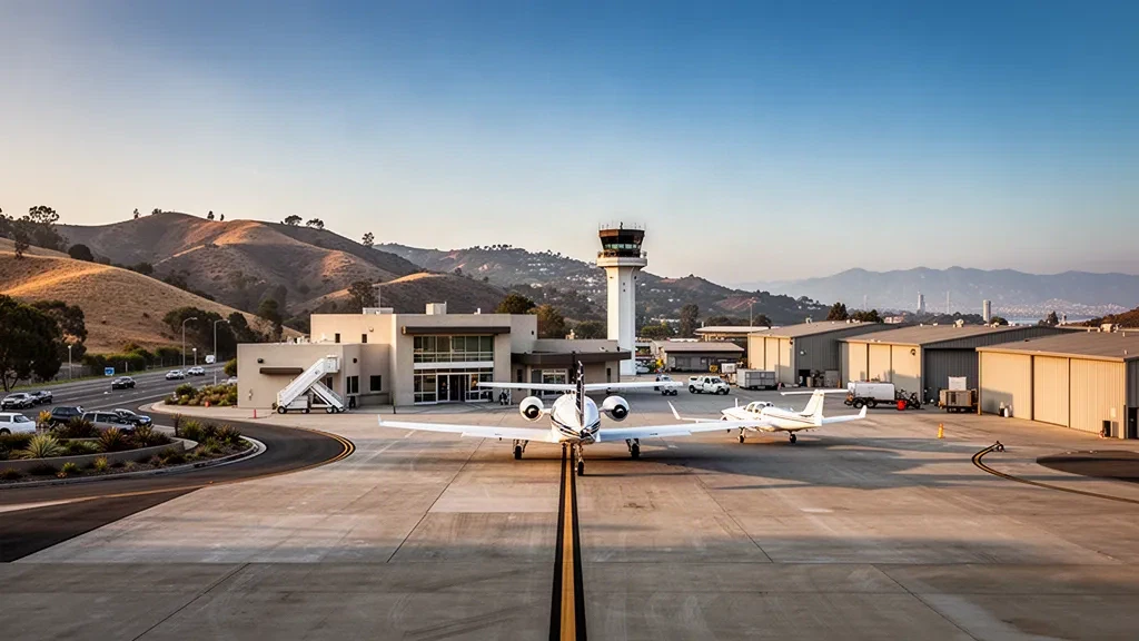 Hayward Executive Airport terminal and control tower at golden hour with business jets on the apron and East Bay hills behind