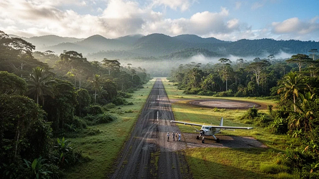 Petit avion à hélice sur la piste enherbée de l'aéroport de Hawabango en Papouasie-Nouvelle-Guinée, entouré de forêt tropicale humide et de hautes terres brumeuses.
