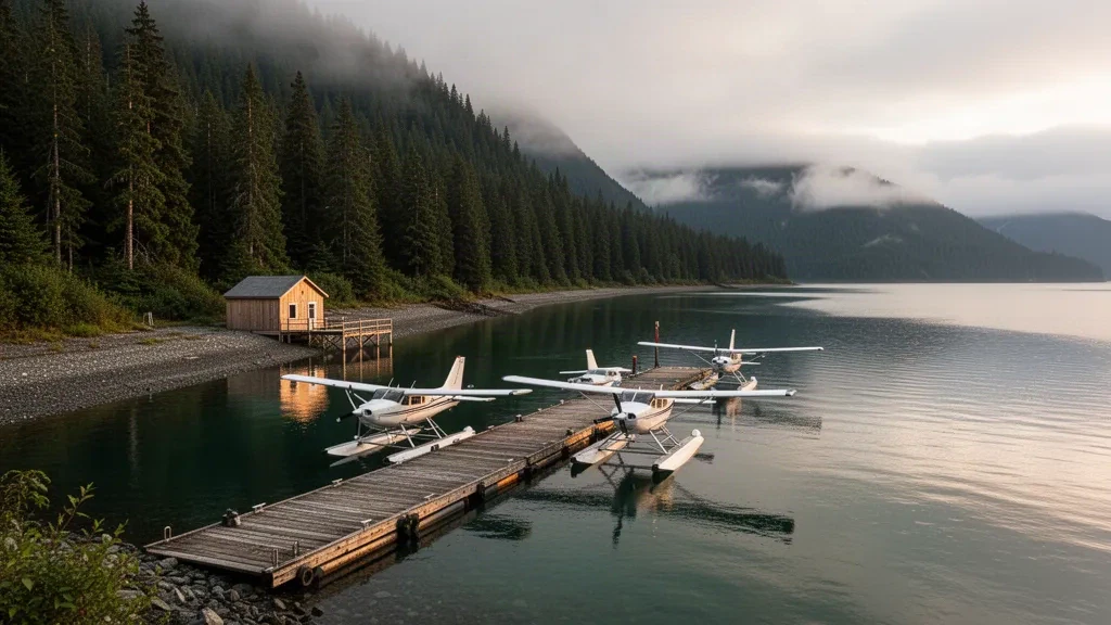 Floatplanes moored at a wooden dock on Hawk Inlet Seaplane Base in Alaska, surrounded by misty rainforest mountains and calm water