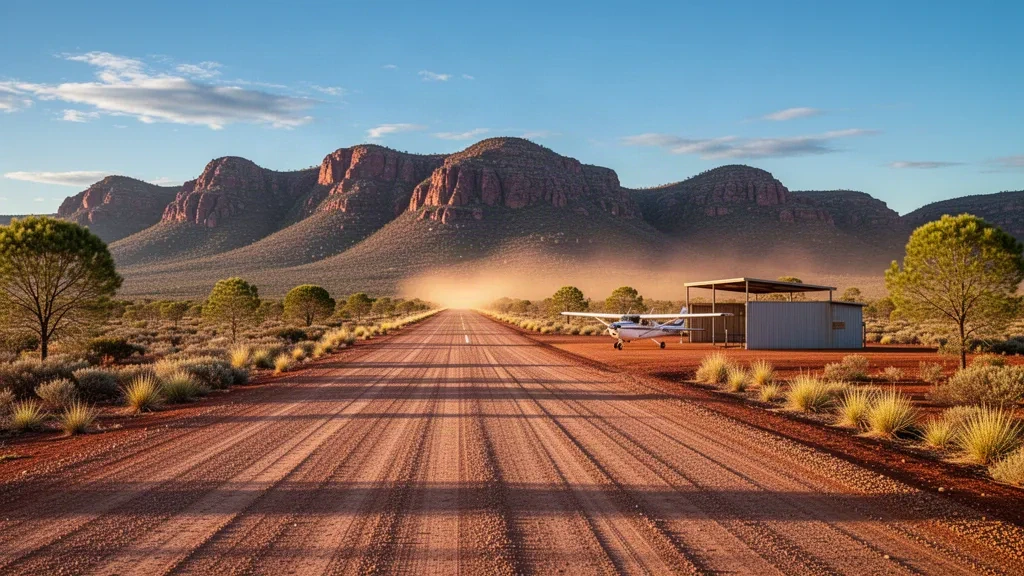 Piste de l'aéroport de Wilpena Pound dans les Flinders Ranges avec un petit avion sur l'aire de stationnement, lignes de crêtes rouges et lumière dorée chaleureuse de l'outback