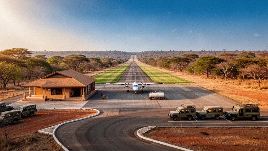 Small safari airport terminal and runway in dry bushveld near Hwange National Park, Zimbabwe, in warm golden-hour light