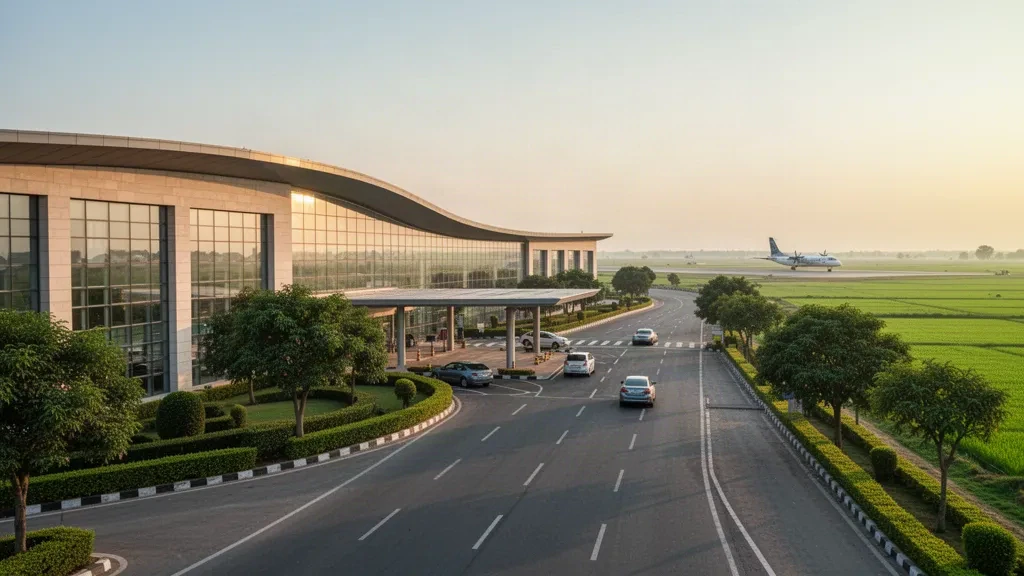 Modern glass and stone terminal exterior at Halwara International Airport near Ludhiana, Punjab, glowing in warm golden-hour light.