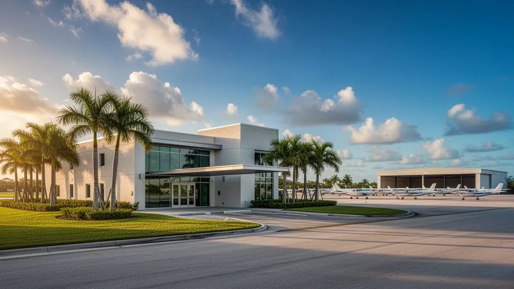 Pequeña terminal de aviación general, entrada bordeada de palmeras y plataforma con aeronaves ligeras en el aeropuerto North Perry en Pembroke Pines, Florida, a la hora dorada.