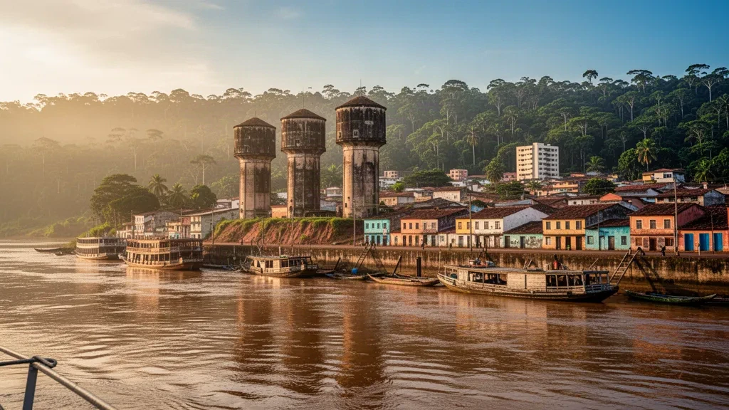 Blick zur goldenen Stunde auf die Uferpromenade von Porto Velho und die Wassertürme Três Caixas d'Água über dem Madeira-Fluss in Rondônia, Brasilien.