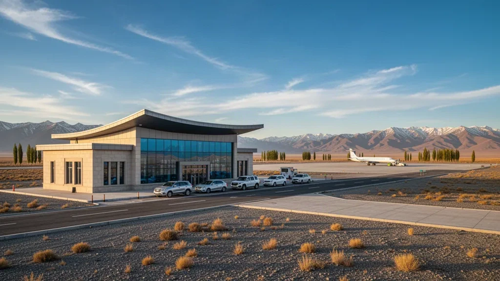 Moderno terminal in vetro e corsia di sosta all'Aeroporto di Haixi Delingha in Qinghai, incorniciati dalle aride montagne del Bacino di Qaidam nell'ora d'oro.