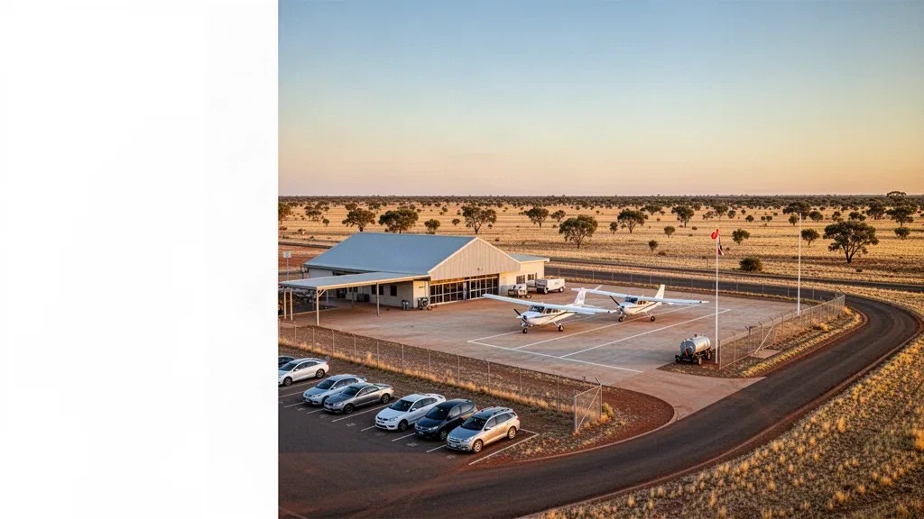 Petit terminal rural, aire de stationnement pour aéronefs légers et voie d'accès à l'aéroport de Hay, dans les plaines plates de la Nouvelle-Galles du Sud, à l'heure dorée