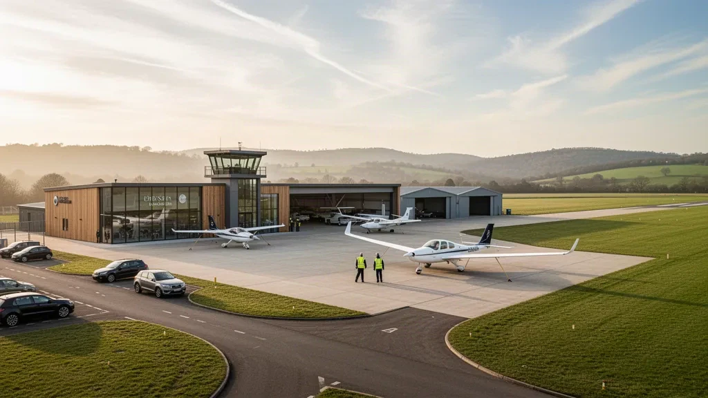 Aerei leggeri e un aliante parcheggiati sul piazzale di Wycombe Air Park a Booker, con hangar e le Chiltern Hills in una calda luce dorata.