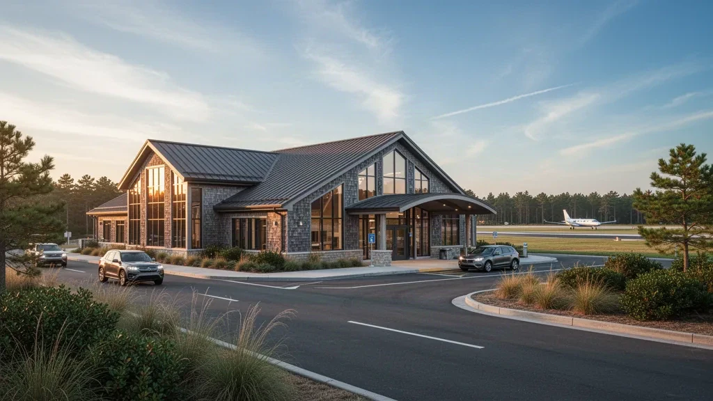 Extérieur moderne en verre et bardeaux du terminal de l'aéroport Cape Cod Gateway à Hyannis, avec voies de dépose-minute en bordure de trottoir à l'heure dorée