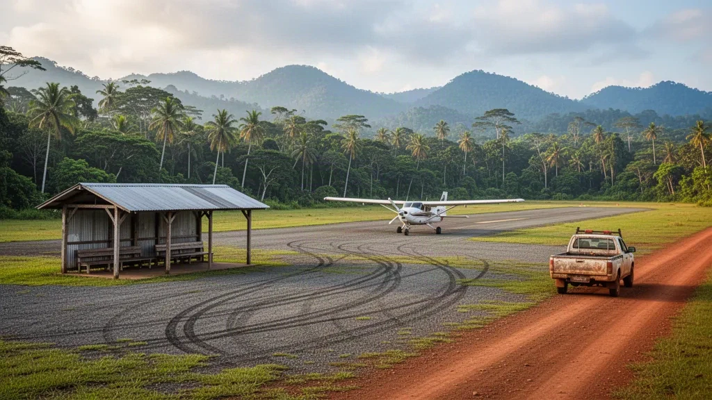 Small tropical airstrip at Hayfields Airport in Papua New Guinea with a light aircraft, open-air shelter and rainforest under equatorial light