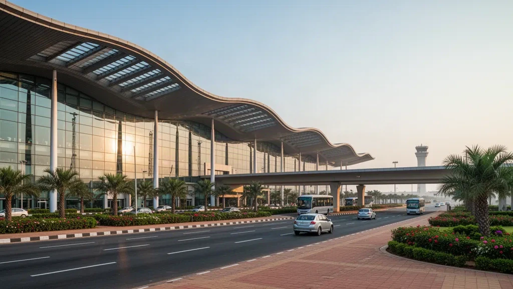 Hindistan'ın Haydarabad kentindeki Rajiv Gandhi Uluslararası Havalimanı'nda sıcak altın saat ışığıyla yıkanan modern cam terminal ve kavisli çatı hattı.