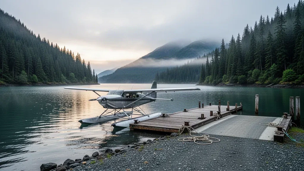 Hidroavión amarrado en un muelle de madera en la base de hidroaviones de Hydaburg, en Alaska, rodeado de montañas boscosas cubiertas de niebla y aguas tranquilas de un canal