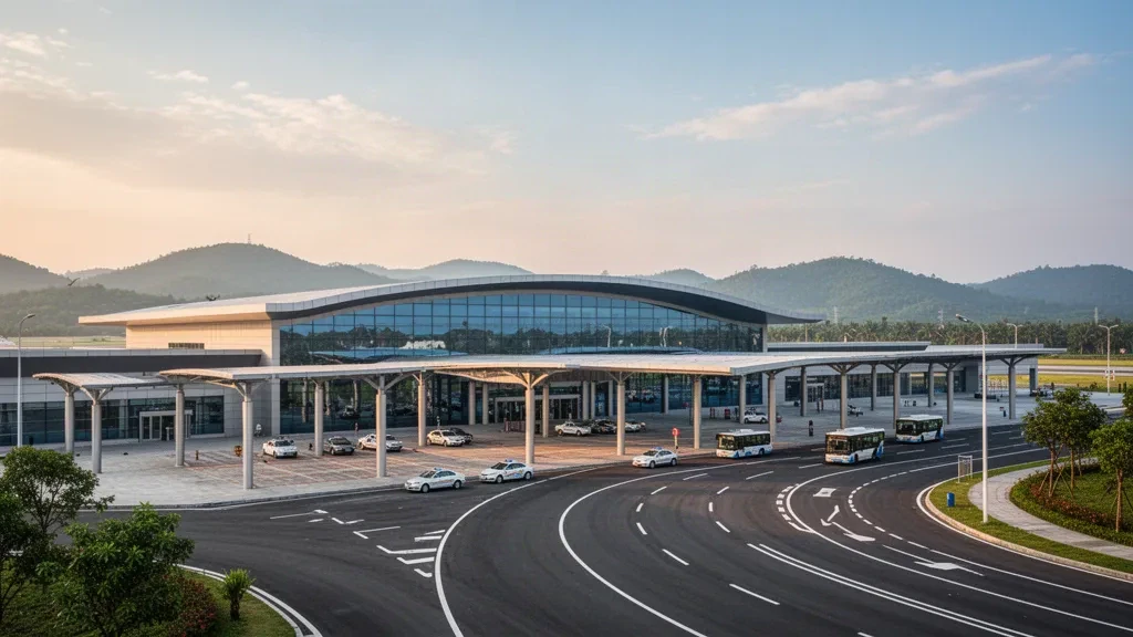 Modern glass terminal exterior at Taizhou Luqiao Airport in Zhejiang, China, with curbside drop-off lanes and taxis at golden hour