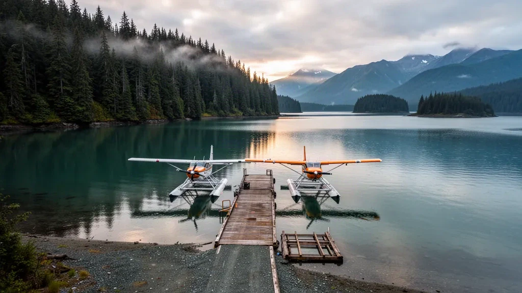 Wasserflugzeuge, die am Holzdock des Hollis Clark Bay Seaplane Base in Alaska vertäut sind, umgeben von nebligen bewaldeten Inseln und ruhigem Wasser