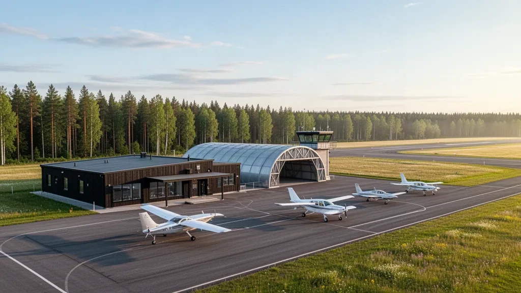 Piccolo piazzale di aviazione generale di un aerodromo nordico con aerei leggeri, terminal e hangar circondati da una foresta di pini vicino a Hyvinkää, Finlandia